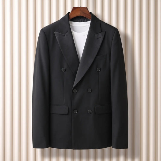 Satin Lapel Blazer in black, a slim fit double breasted blazer with a satin faced shawl lapel and flap hip pockets on a wooden hanger