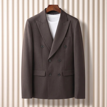 Satin Lapel Blazer in brown, a slim fit double breasted blazer with a satin faced shawl lapel and flap hip pockets on a wooden hanger