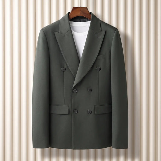 Satin Lapel Blazer in green, a slim fit double breasted blazer with a satin faced shawl lapel and flap hip pockets on a wooden hanger