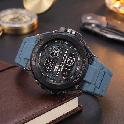Screw Bezel Watch with a blue resin strap and digital display