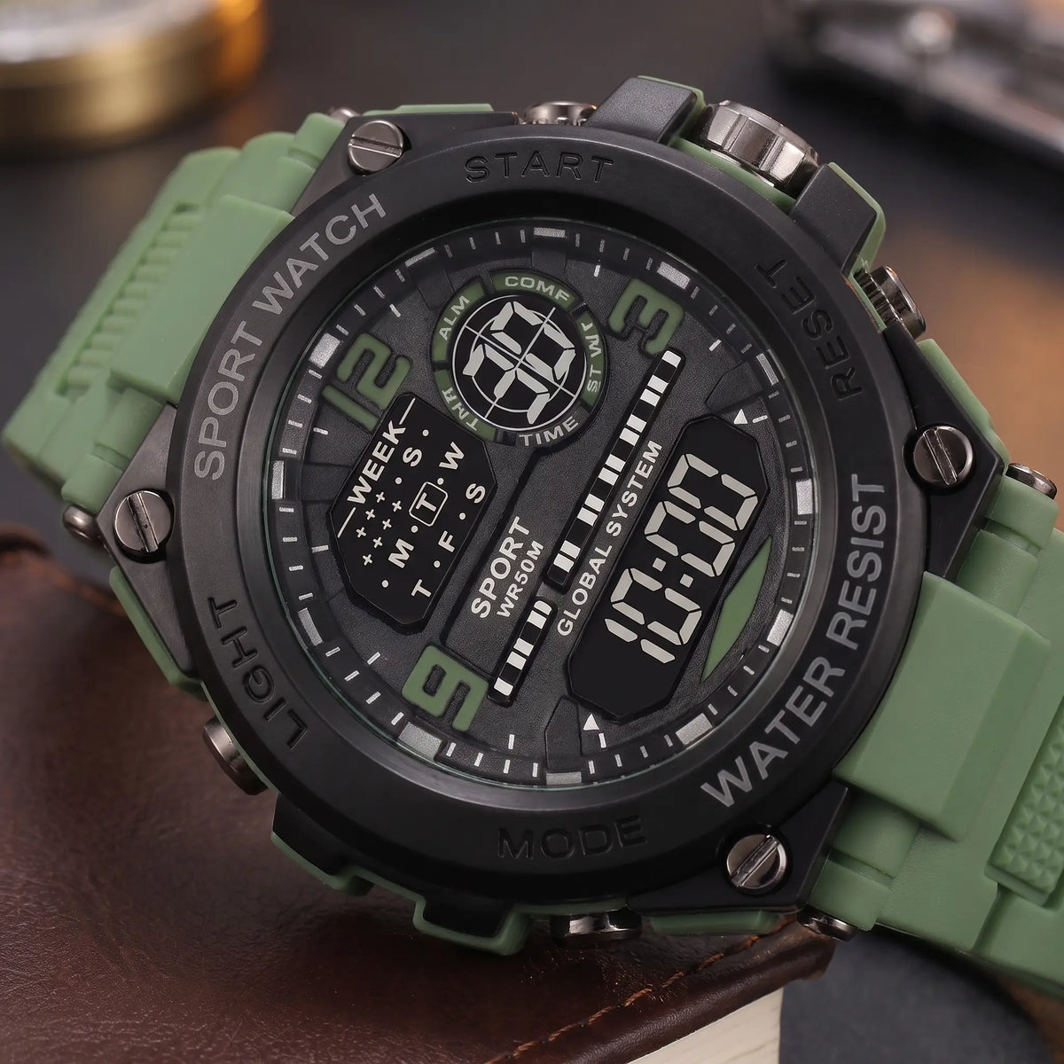 Macro close up of the digital display and bezel on the Screw Bezel Watch