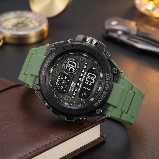Screw Bezel Watch with a green resin strap and digital display