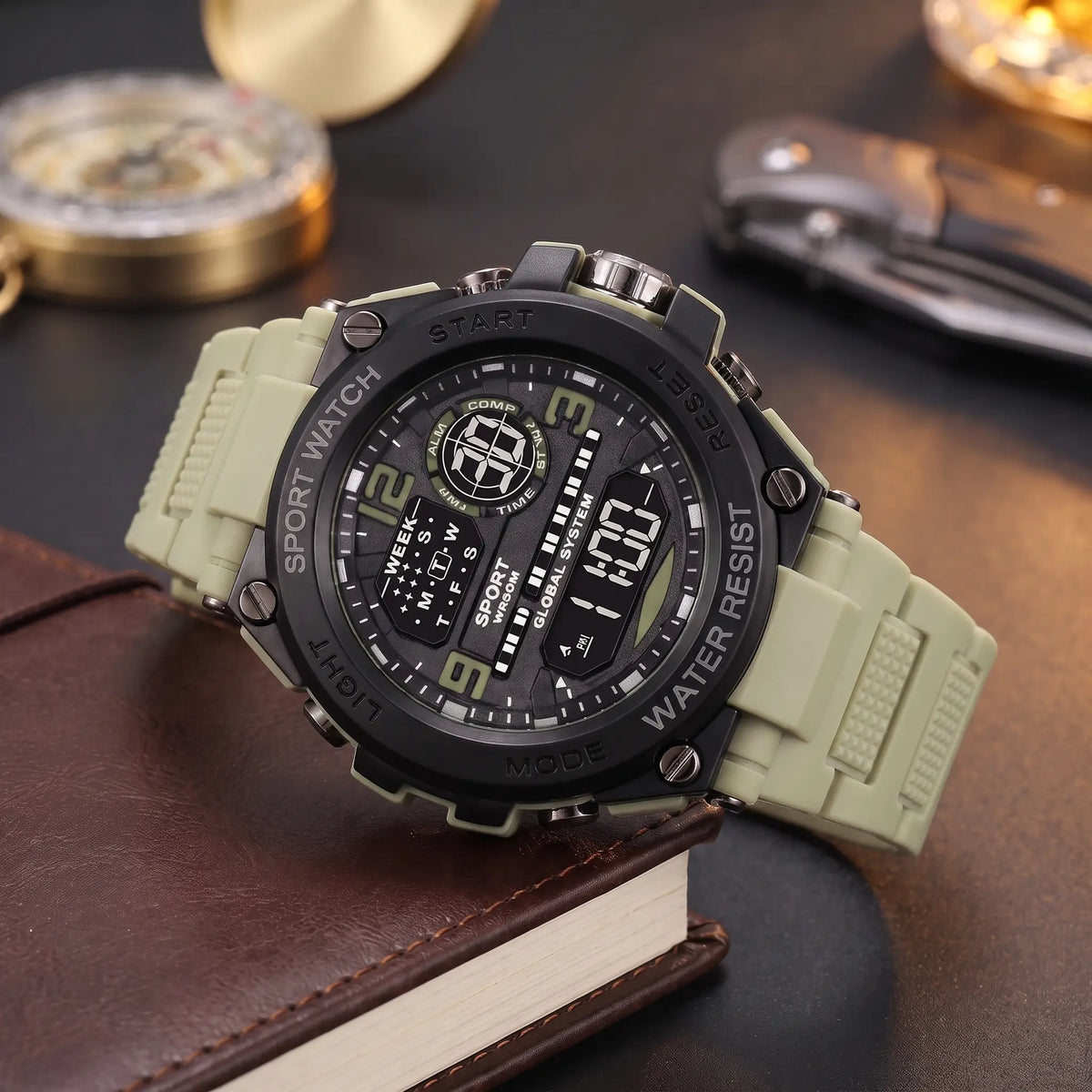 Screw Bezel Watch with a khaki resin strap and digital display