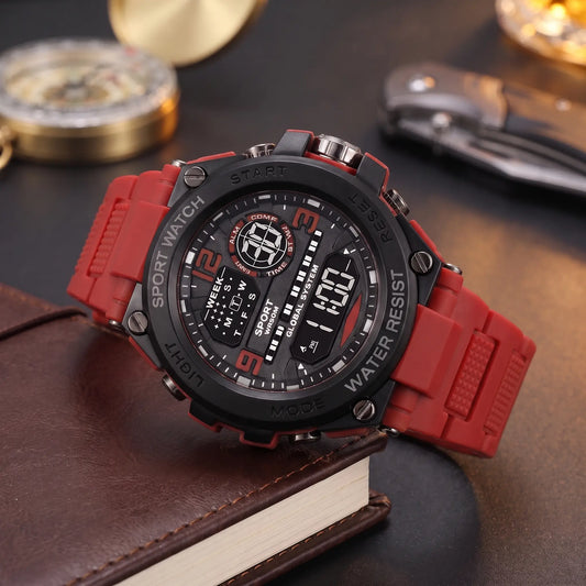 Screw Bezel Watch with a red resin strap and digital display