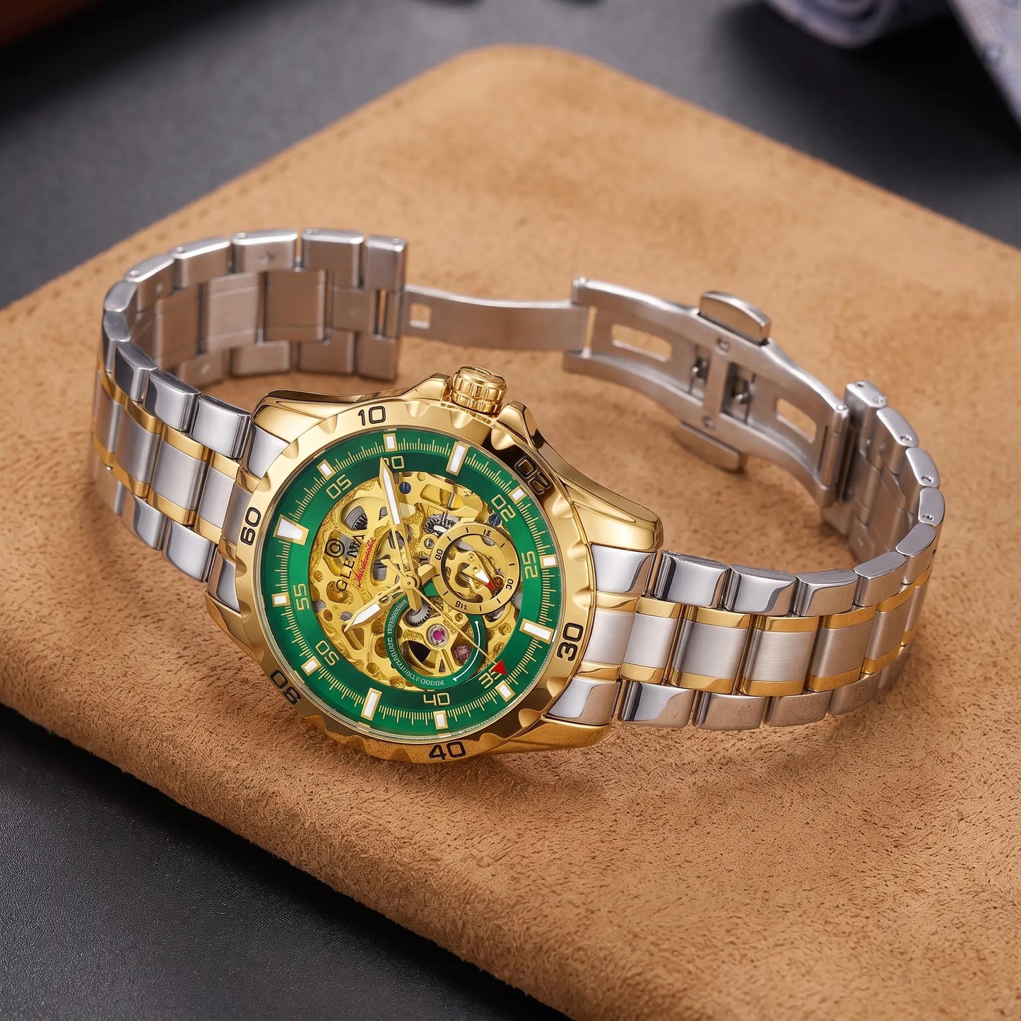 Overhead view of the Self Winding Watch with the steel bracelet unclasped showing the links and clasp