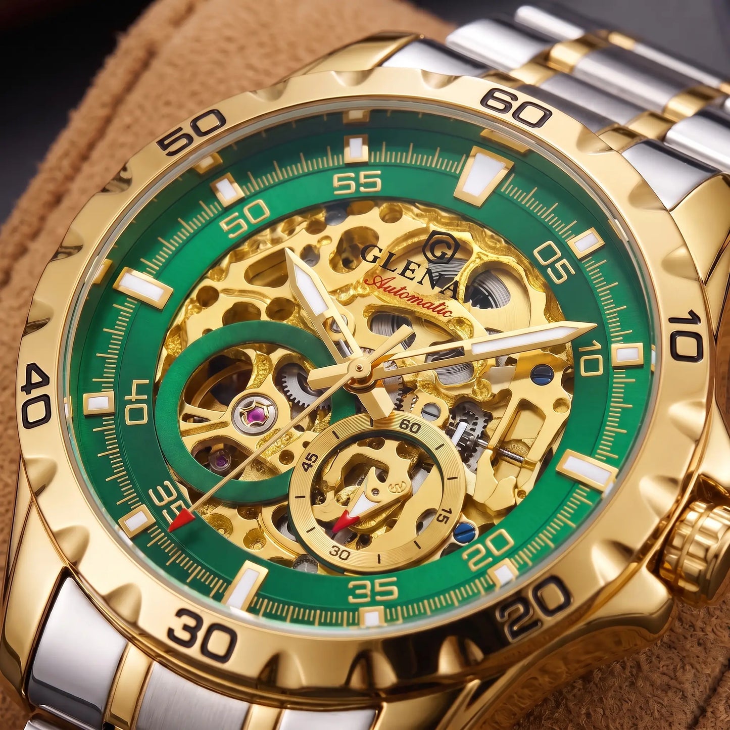Macro close up of the skeleton movement and green bezel ring on the Self Winding Watch