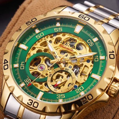 Macro close up of the skeleton movement and green bezel ring on the Self Winding Watch