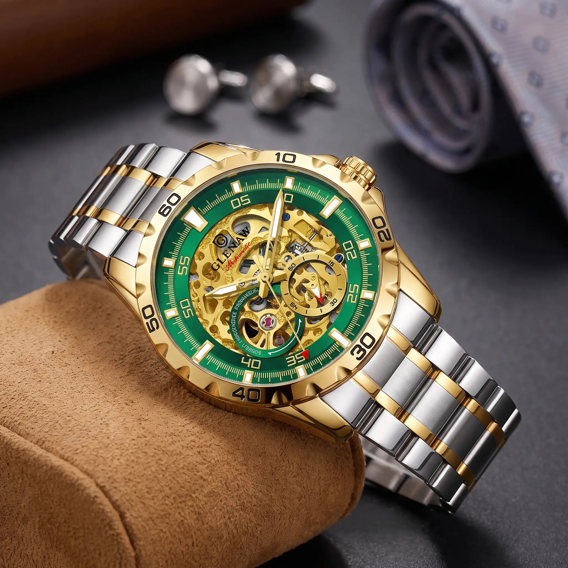 Self Winding Watch with a gold case, green bezel ring and two tone steel bracelet