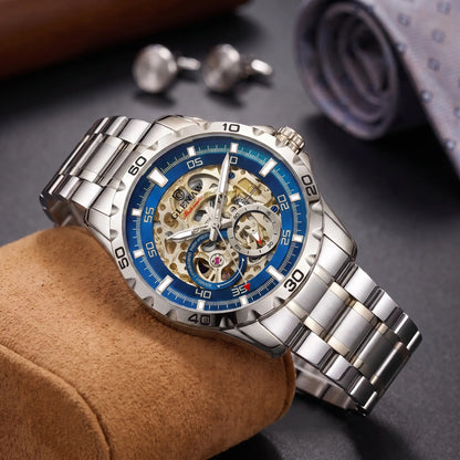 Self Winding Watch in silver steel with a blue bezel ring