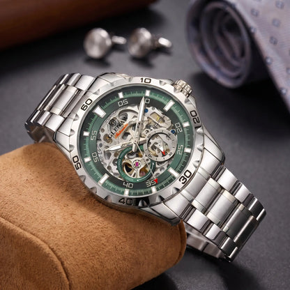 Self Winding Watch in silver steel with a grey green bezel ring