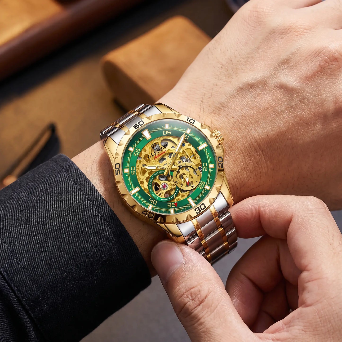 Man fastening the Self Winding Watch onto his wrist