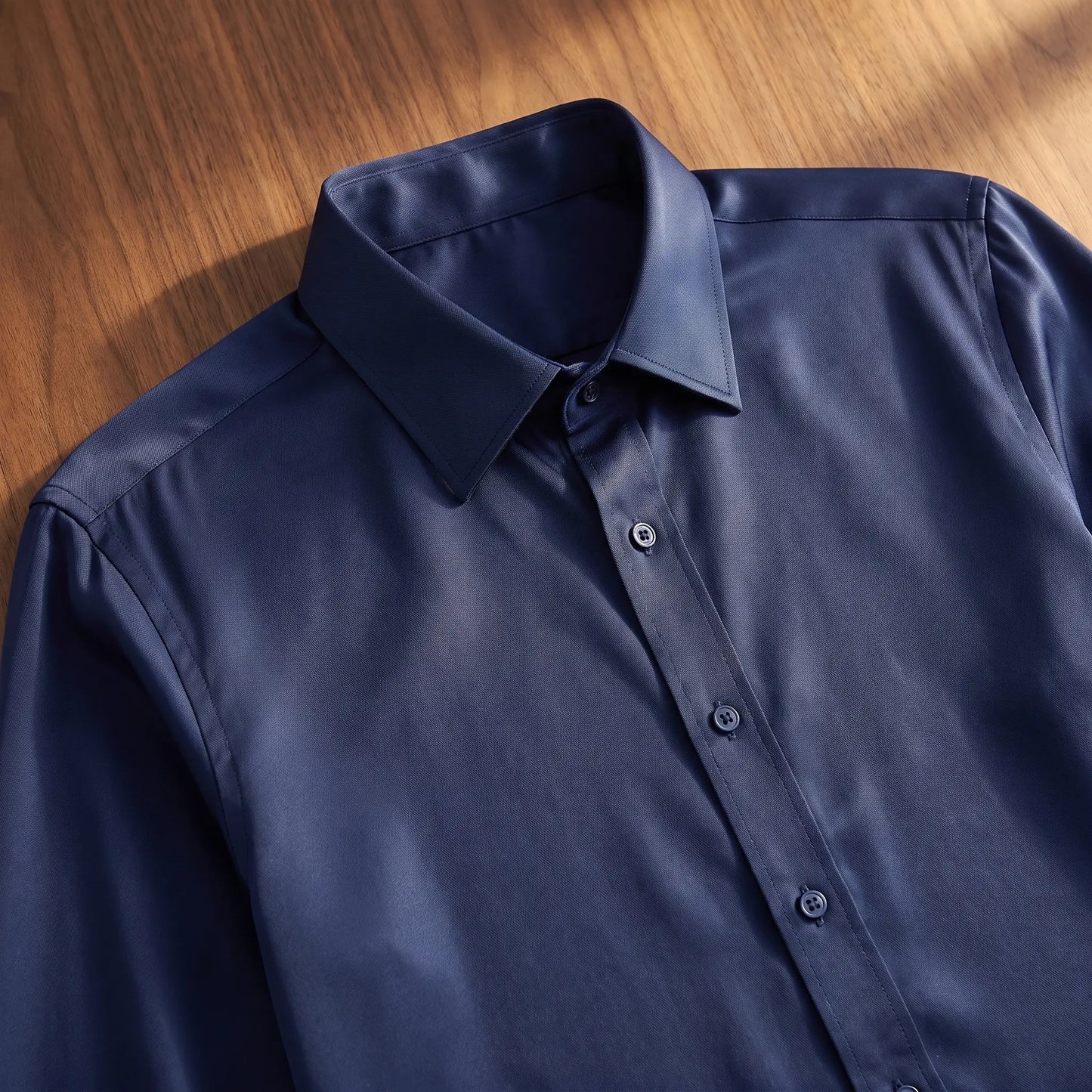Collar and placket detail of a bamboo silk dress shirt