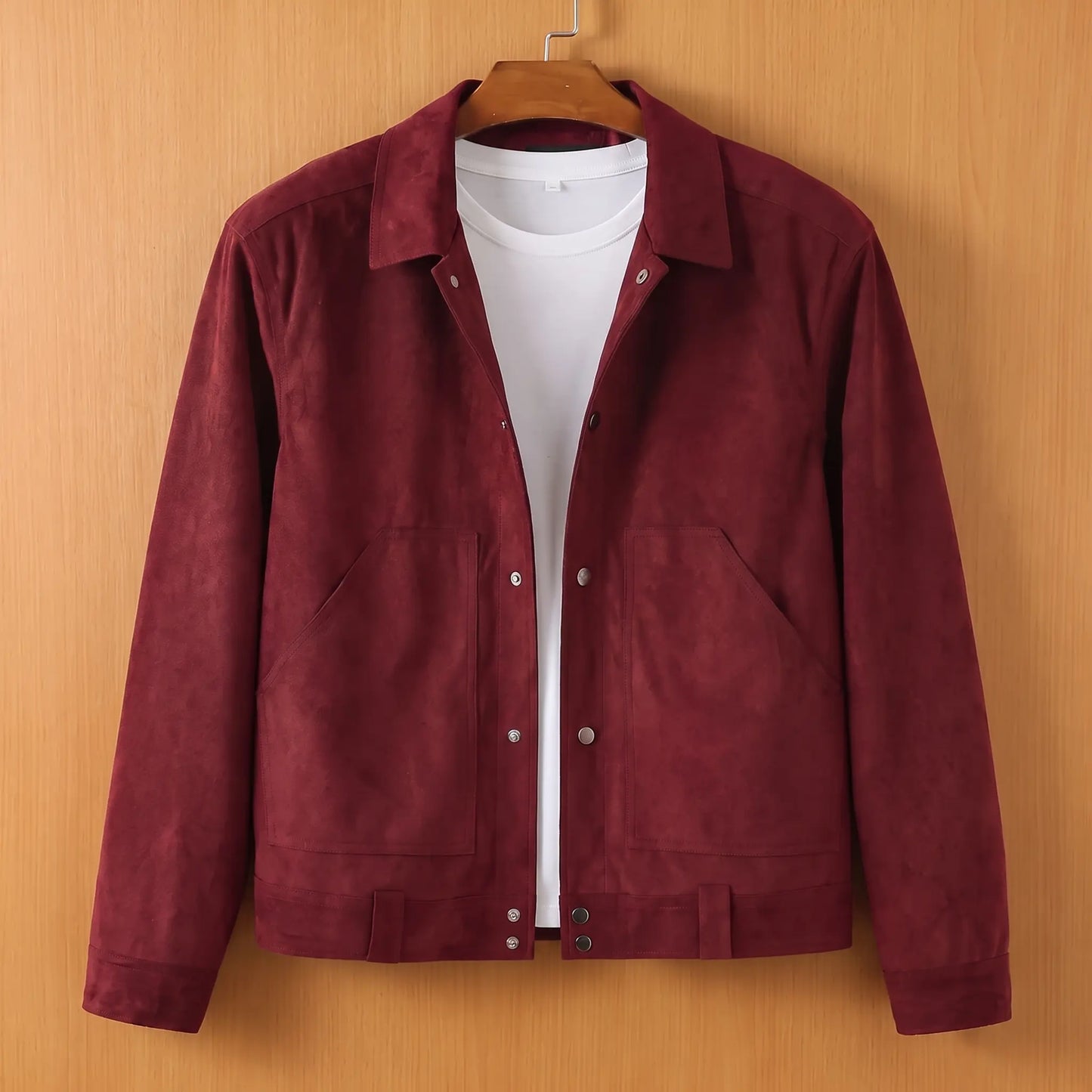 Wine red lapel button jacket on wooden hanger