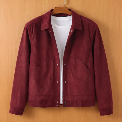 Wine red lapel button jacket on wooden hanger