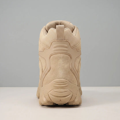 Rear view of the padded collar, heel counter, pull loop and layered sole on the beige Soft Suede Hikers