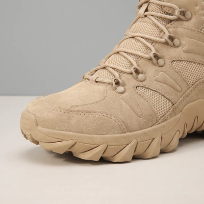 Close up of the suede toe, mesh panels and fabric lace loops on the beige Soft Suede Hikers