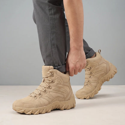 Man adjusting the collar while wearing the beige Soft Suede Hikers