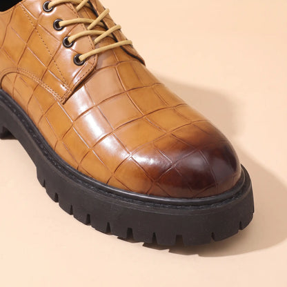 Close up of the burnished toe cap and embossed square scales on the tan Square Scale Derby