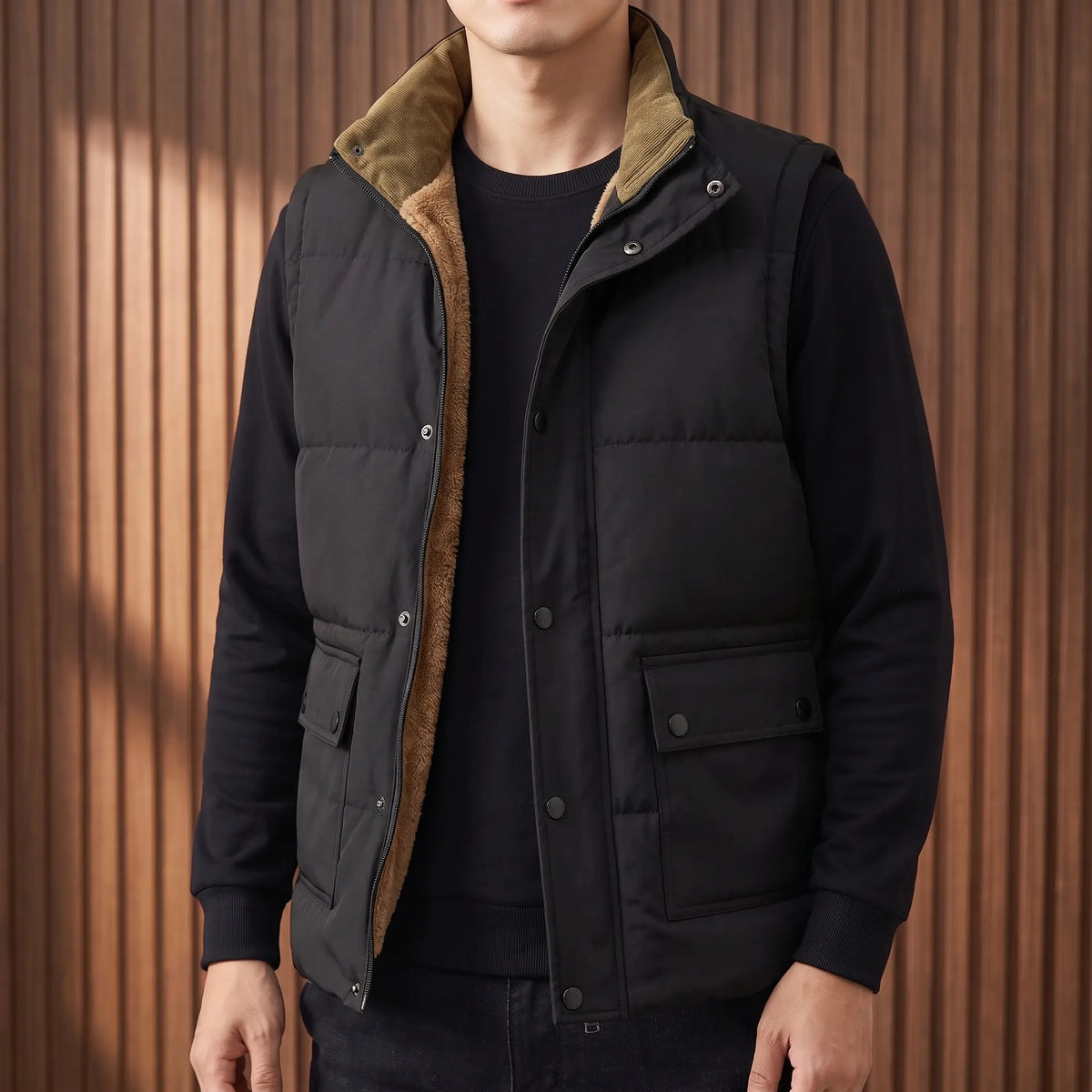 Stand Collar Vest for men in black, padded sleeveless vest with sherpa lining