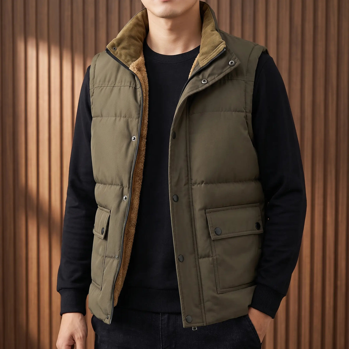 Stand Collar Vest for men in green, padded fleece lined vest worn open over a tee