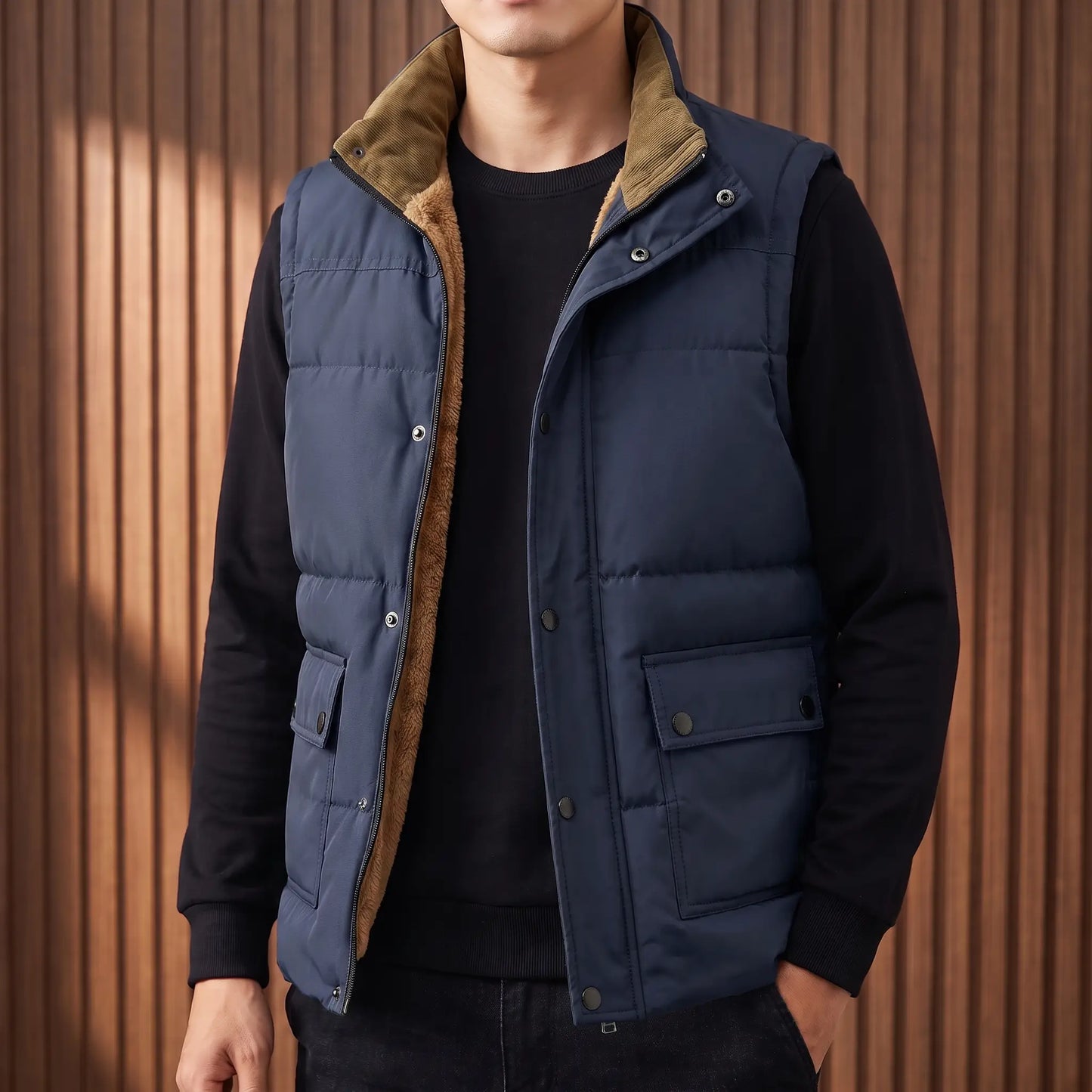 Stand Collar Vest for men in navy blue, padded sleeveless vest with tall collar