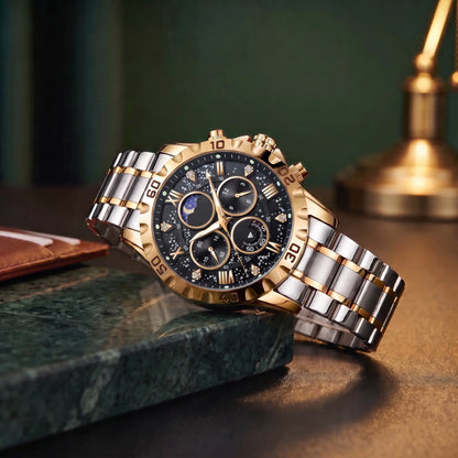 Starry Dial Watch with gold case, black star pattern dial and two tone steel band, resting on a green marble ledge