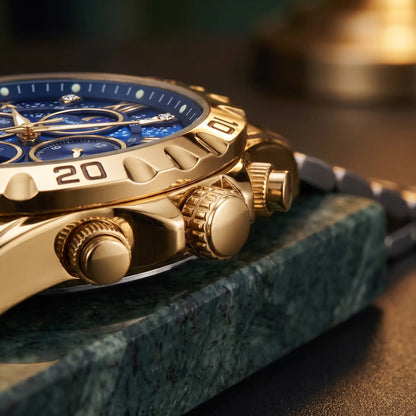 Close up of the ridged crown, pushers and notched gold bezel on the Starry Dial Watch