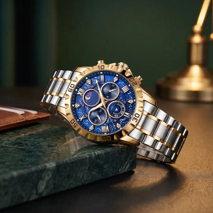 Starry Dial Watch with gold case, blue star pattern dial and two tone steel band, resting on a green marble ledge