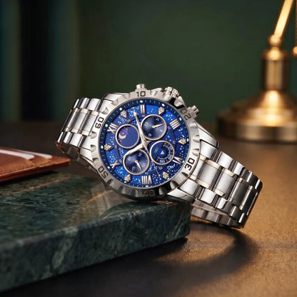 Starry Dial Watch with silver steel case, blue star pattern dial and steel band, resting on a green marble ledge