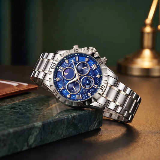 Starry Dial Watch with silver steel case, blue star pattern dial and steel band, resting on a green marble ledge
