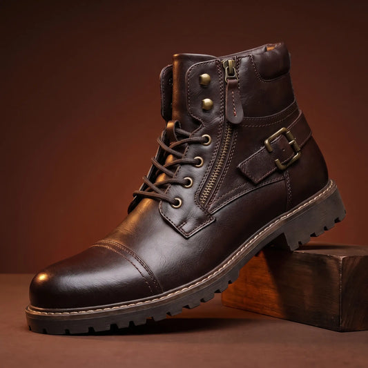 Strapped Biker Boots in brown with a brass buckle strap and side zip