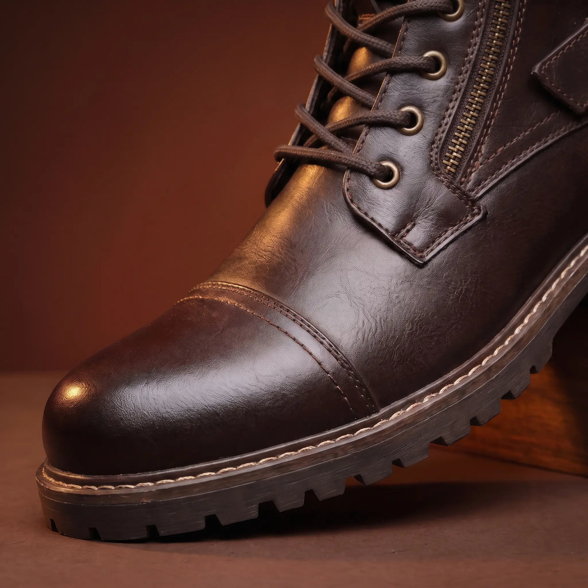 Close up of the cap toe seam, eyelets and lugged sole on the Strapped Biker Boots