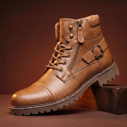 Strapped Biker Boots in tan with a brass buckle strap and side zip