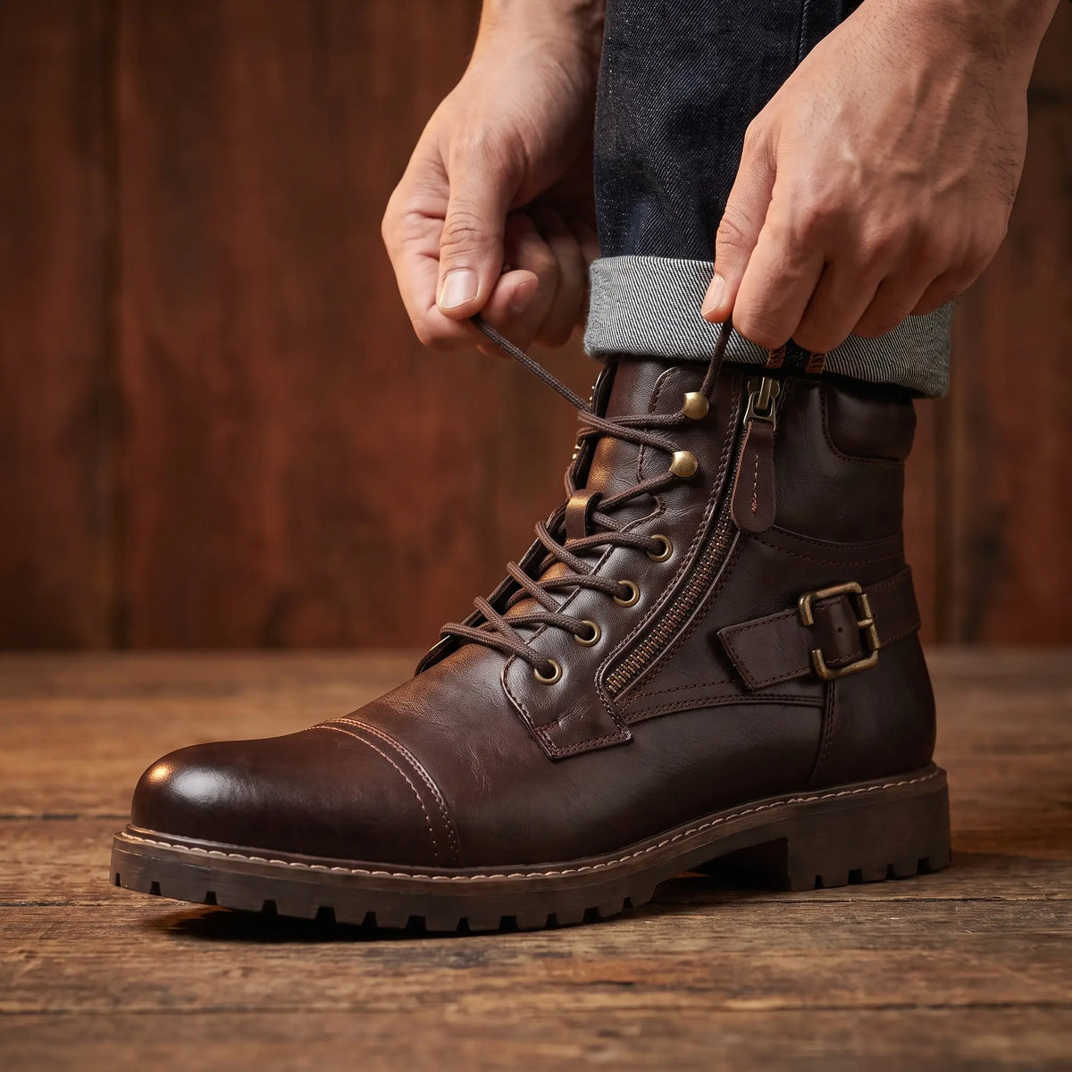 Man lacing up the Strapped Biker Boots