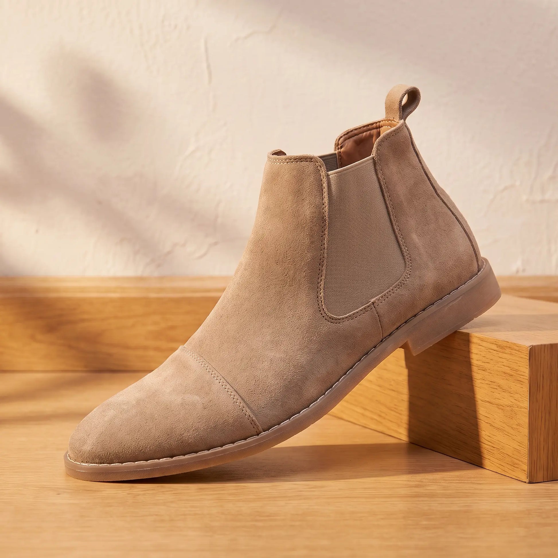 Stretch Panel Boots in tan, a pointed toe slip-on Chelsea boot with a stitched cap toe