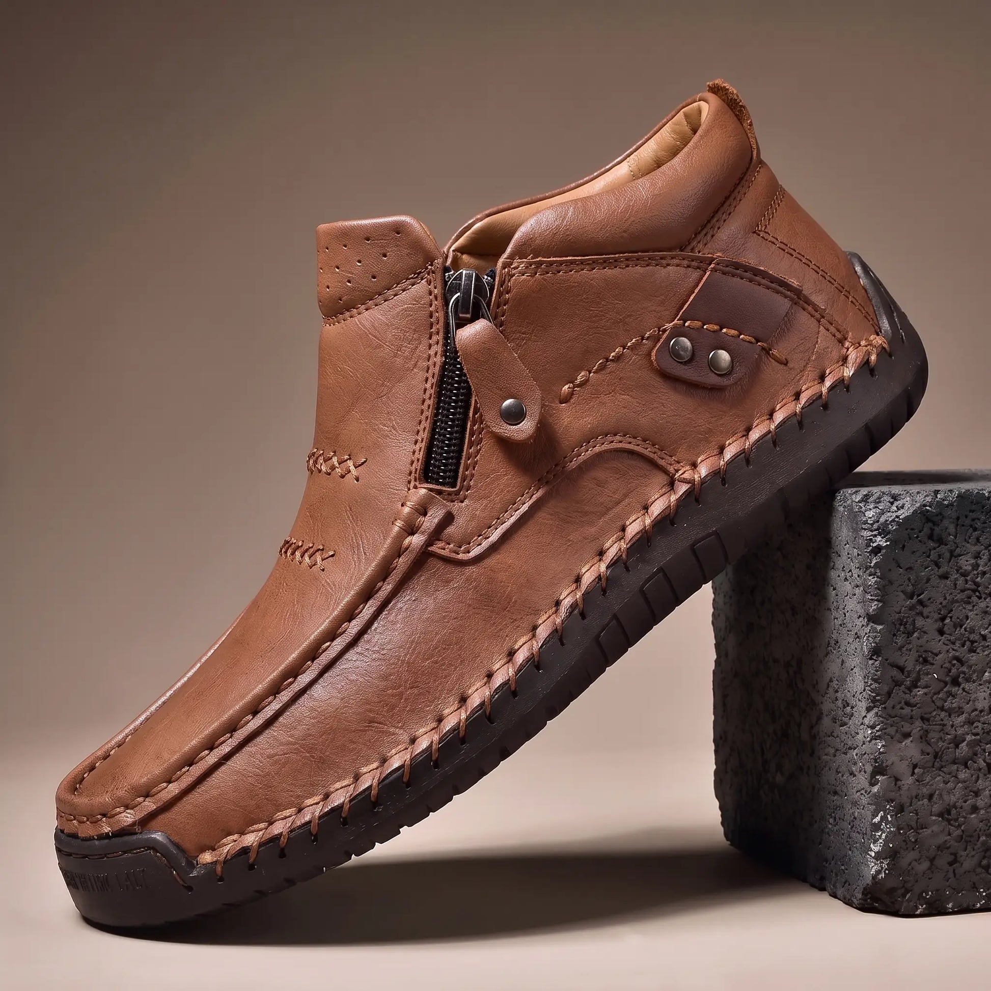 Stud Strap Boots in tan leather with side zip