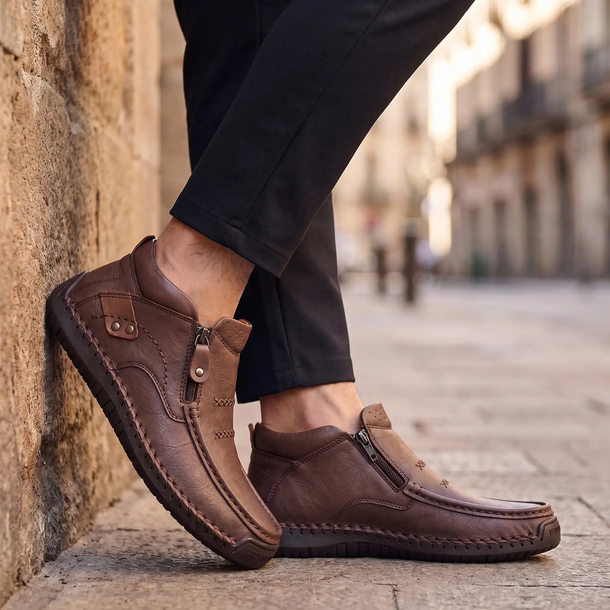 Man wearing Stud Strap Boots outdoors on a city street