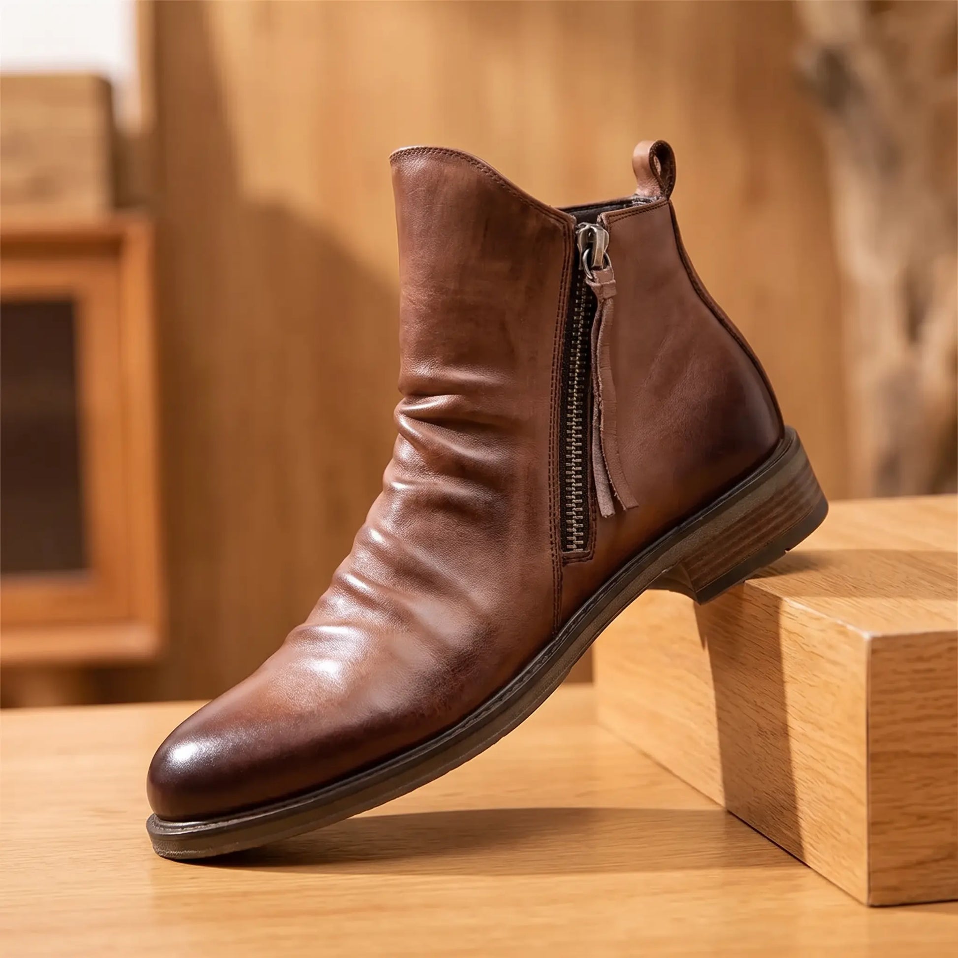 Brown high-top tassel zip ankle boot