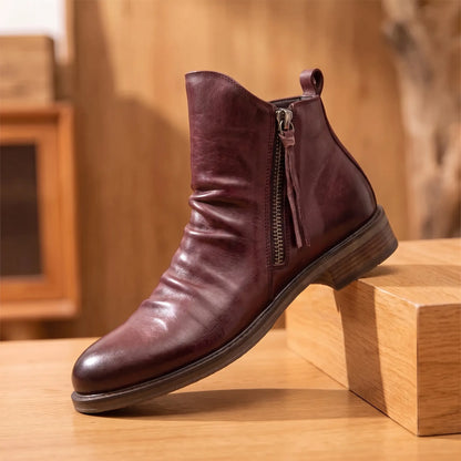 Wine red high-top tassel zip ankle boot