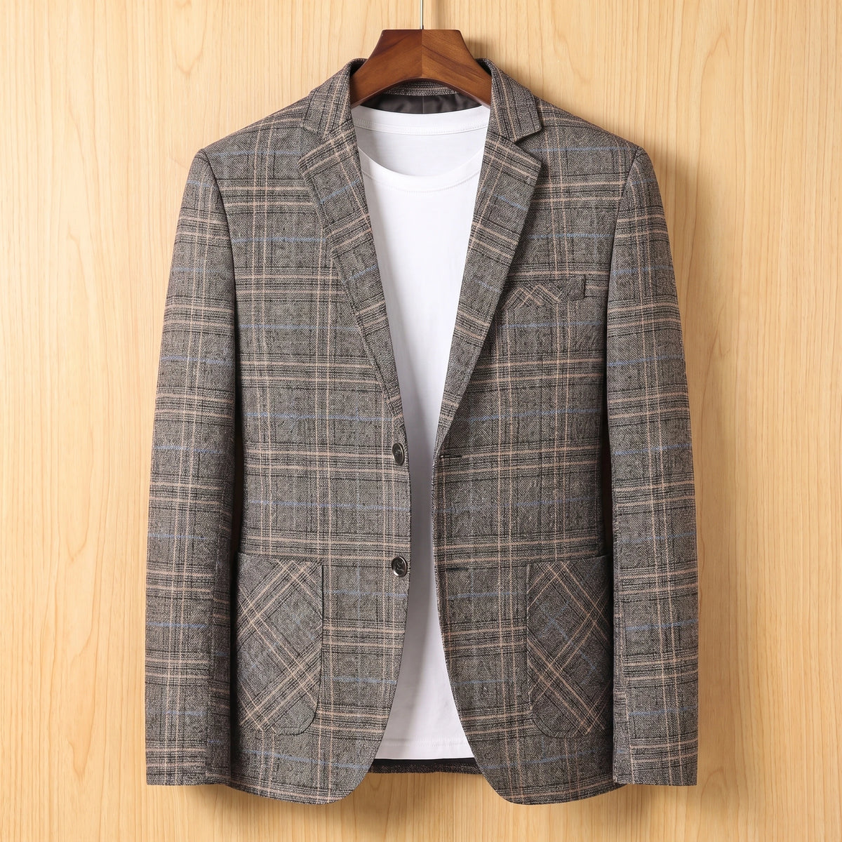 Brown check tailored slim blazer on wooden hanger