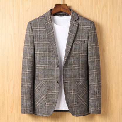 Brown check tailored slim blazer on wooden hanger