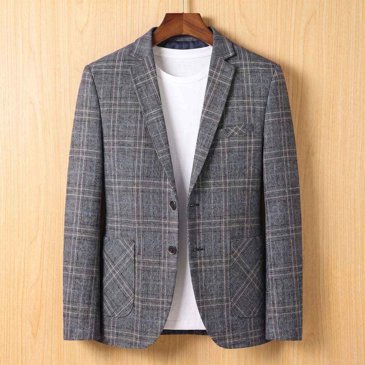 Charcoal check tailored slim blazer on wooden hanger