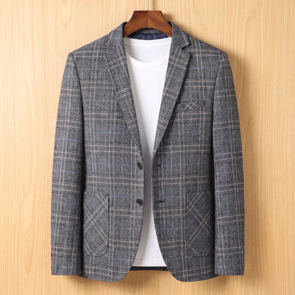 Charcoal check tailored slim blazer on wooden hanger