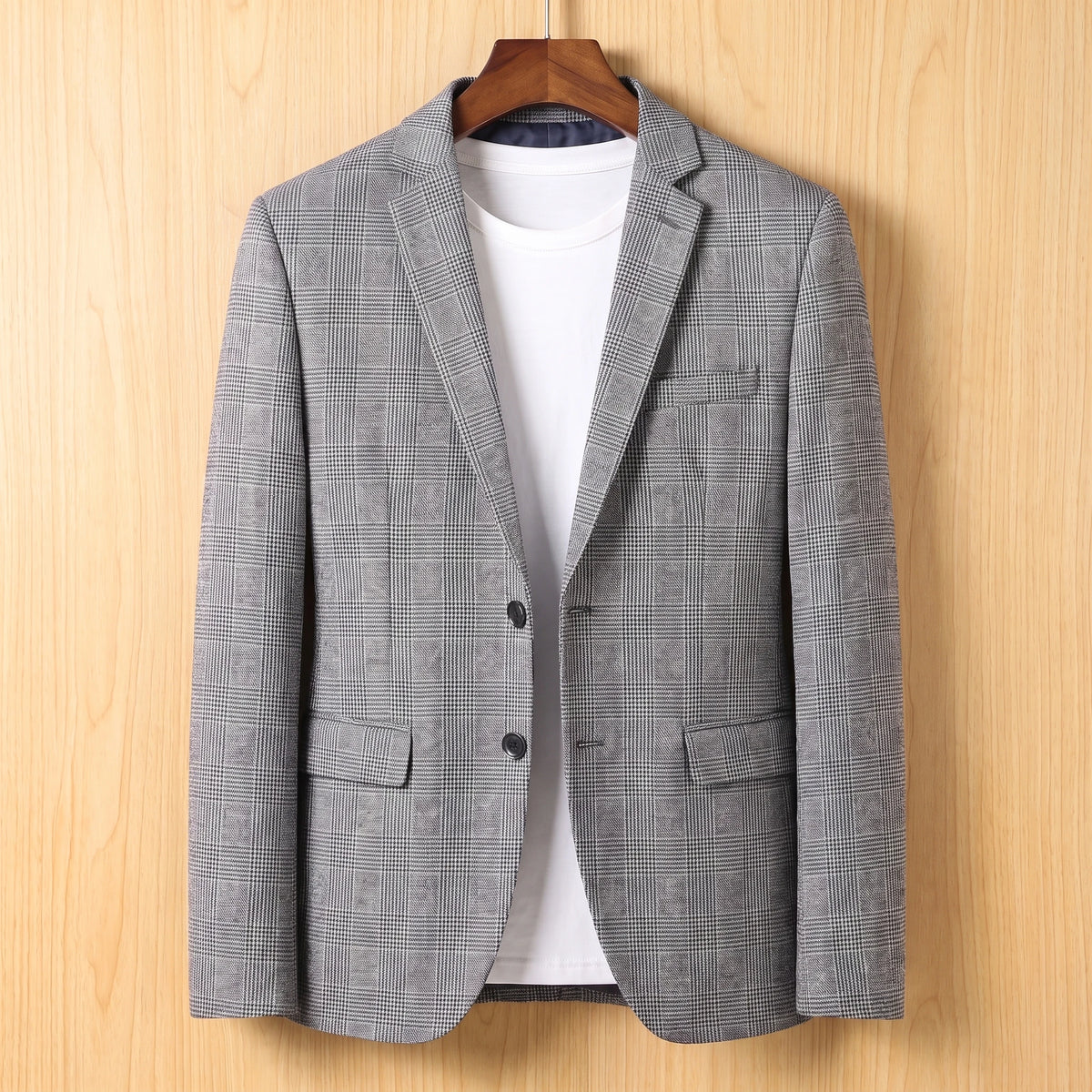 Grey check tailored slim blazer on wooden hanger