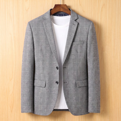 Grey check tailored slim blazer on wooden hanger