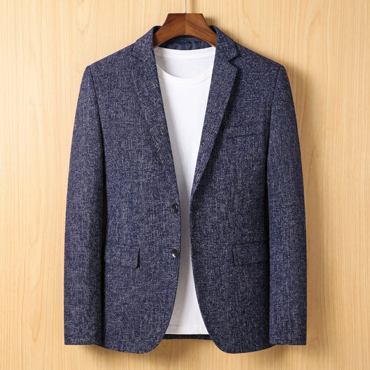 Navy tailored slim blazer on wooden hanger