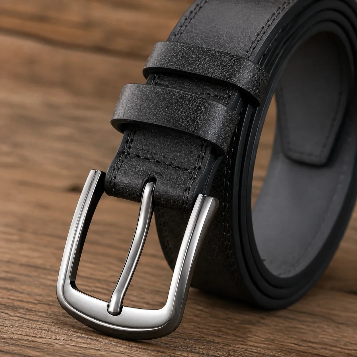 Close-up of black Timeless Metal Buckle Belt buckle, leather keeper loops, and stitching