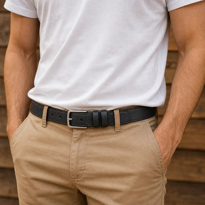 Black Timeless Metal Buckle Belt worn with chinos