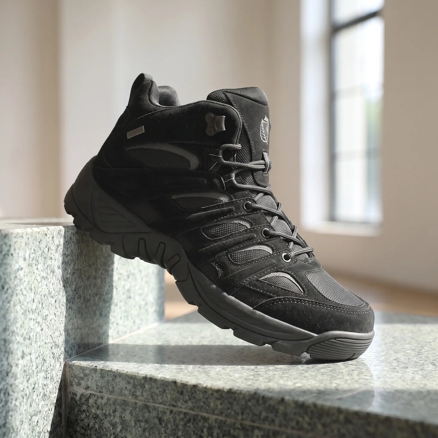 Toe Bumper Boots in black, a mid cut hiking boot with a rubber toe cap and lugged sole