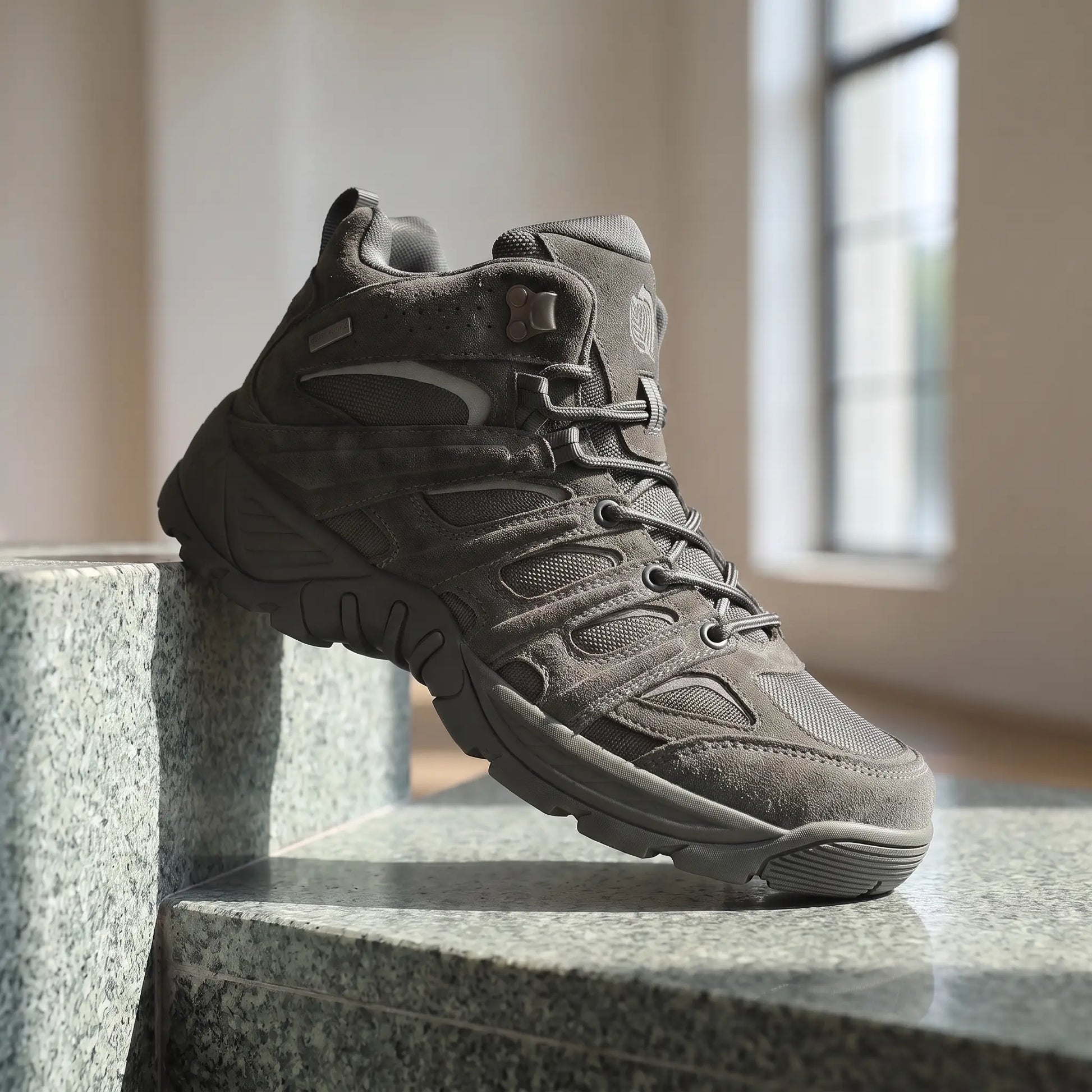 Toe Bumper Boots in grey, a mid cut hiking boot with a rubber toe cap and lugged sole